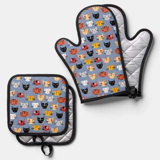 Fun Kitty Cat Pattern Blue Ovenwant & Pannenlap Set (Voorkant / Achterkant)