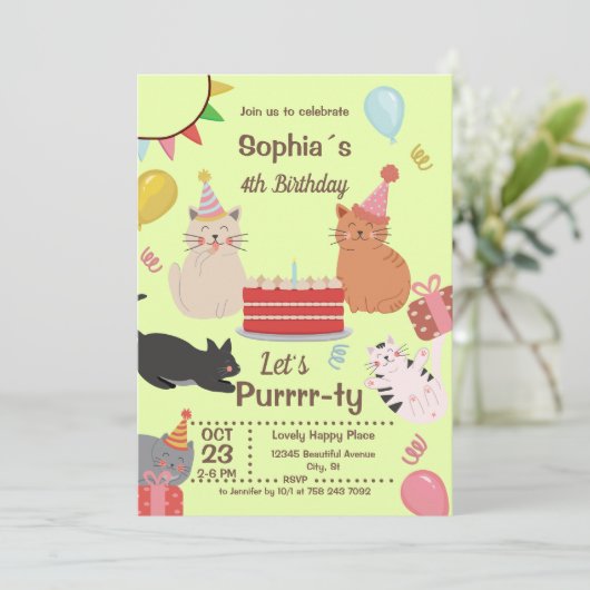 Fun Kitty Cats Invitation de fête d'anniversaire (Debout devant)