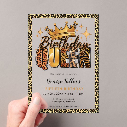 Fun Leopard Birthday Queen Fifty Birthday Acryl Uitnodigingen (Insitu (Draagbaar))