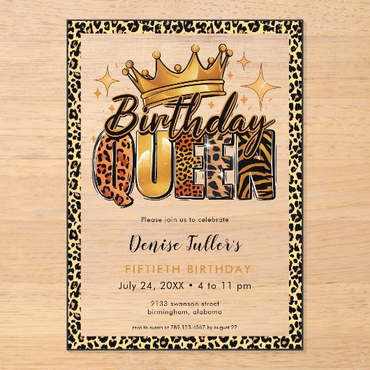 Fun Leopard Birthday Queen Fifty Birthday Acryl Uitnodigingen (Voorkant)