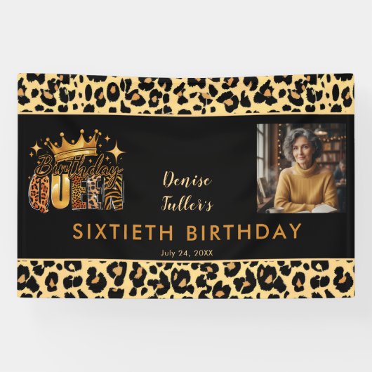 Fun Leopard Birthday Queen Sixty Photo Birthday Spandoek (Horizontaal)