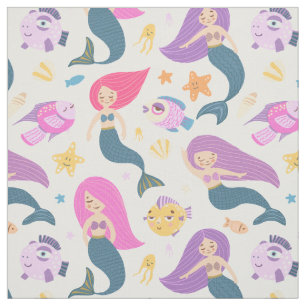 Fun Mermaid and Fish Pattern on White Stof