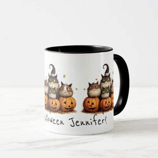 Fun mignon Citrouille Whimsical Chat Halloween Mug (Devant droit)