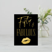Fun Modern Black Fifty Fabulous Lips Birthday Folie Uitnodiging Briefkaart (Staand Voorkant)