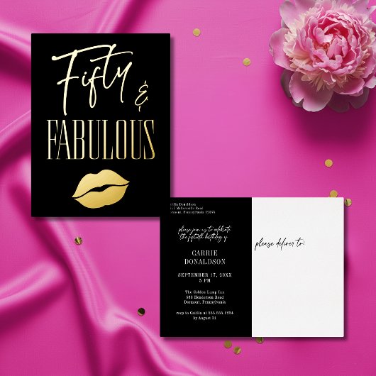 Fun Modern Black Fifty Fabulous Lips Birthday Folie Uitnodiging Briefkaart
