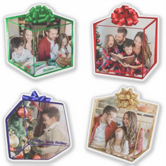 Fun Modern Christmas Present Family Photo Custom Sticker (Voorkant)