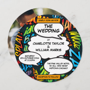 Fun Modern Comic Book Photo Circle Wedding Kaart