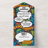 Fun Modern Comic Book Typrography Wedding All In One Uitnodiging (Binnen)