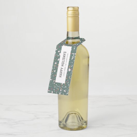 Fun Modern Green Terrazzo Prettige feestdagen Flessenhanger (Schuin)