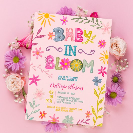 Fun modern whimsical floral baby in bloei douche kaart