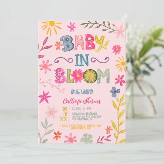 Fun modern whimsical floral baby in bloei douche kaart (Staand voorkant)