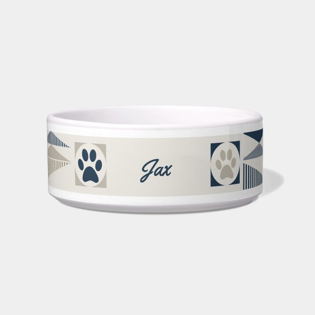 Fun Monogram Geometric Blue/Tan Pet Bowl met poten Voerbakje (Voorkant)