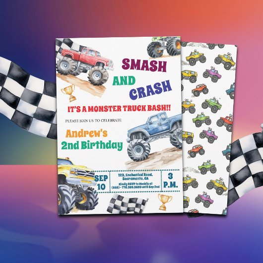 Fun Monster Trucks 2nd Birthday Party Invitation