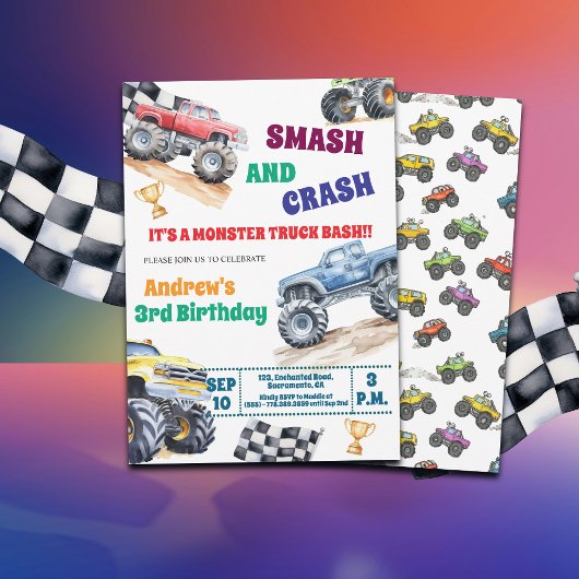 Fun Monster Trucks 3rd Birthday Party Invitation