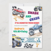 Fun Monster Trucks 4th Birthday Party Invitation (Devant)