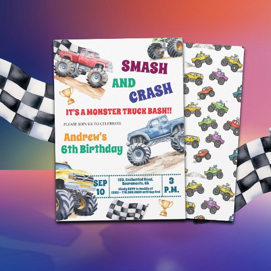 Fun Monster Trucks 6th Birthday Party Invitation