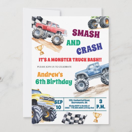 Fun Monster Trucks 6th Birthday Party Invitation Kaart (Voorkant)