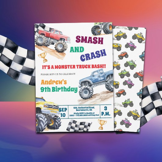 Fun Monster Trucks 9th Birthday Party Invitation