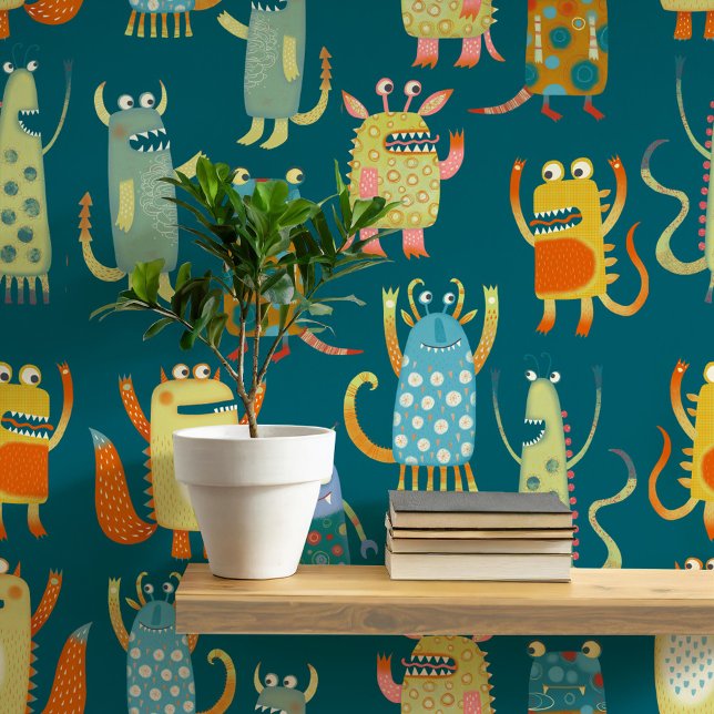 Fun Monsters Pattern Teal Green Behang (Fun monster pattern wallpaper)