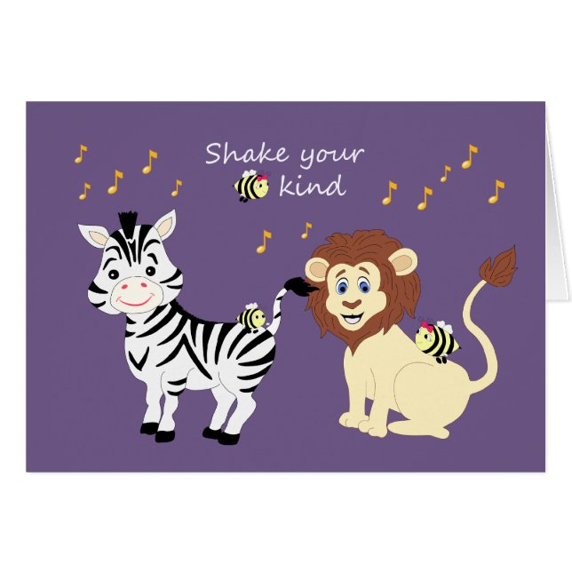Fun Musical Dancing Zebra & Lion Animals Card (Voorkant Horizontaal)