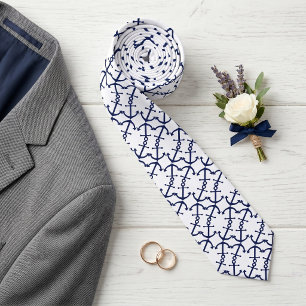 Fun Nautical Dark Blue Anchor Pattern on White Stropdas