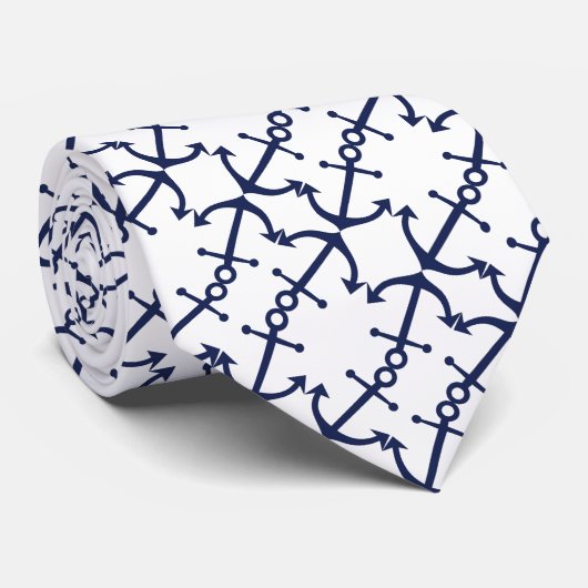 Fun Nautical Dark Blue Anchor Pattern on White Stropdas (Opgerold)