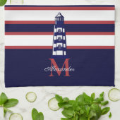 Fun Nautical Red White Navy Blue Stripe Lighthouse Theedoek (Gevouwen)
