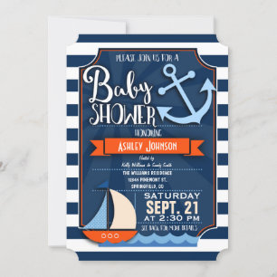 Fun, Navy, Sinaasappel, & Wit Nautisch Baby shower Kaart