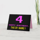 Fun, Nerdy, Geeky, Pink, 8-Bit Style 4th Birthday Kaart (Voorkant)