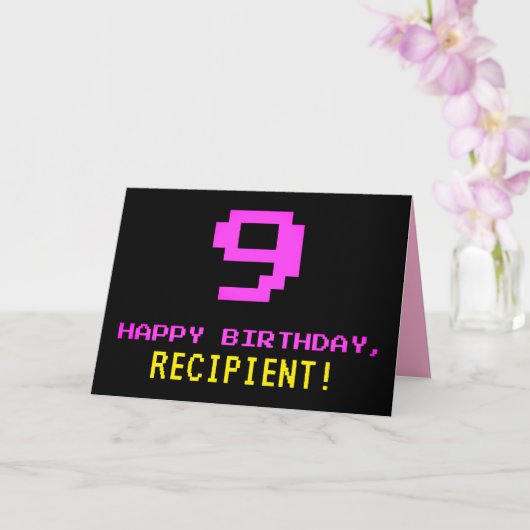 Fun, Nerdy, Geeky, Pink, 8-Bit Style 9th Birthday Kaart (Orchidee)