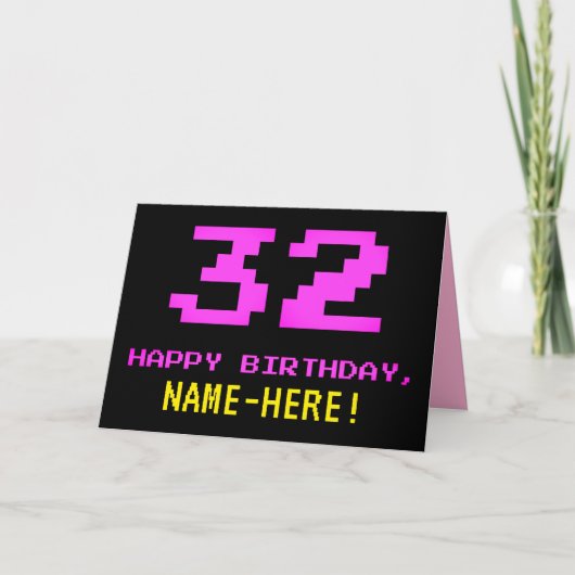Fun, Nerdy, Geeky, Roze, 8-bits stijl 32e verjaard Kaart (Voorkant)
