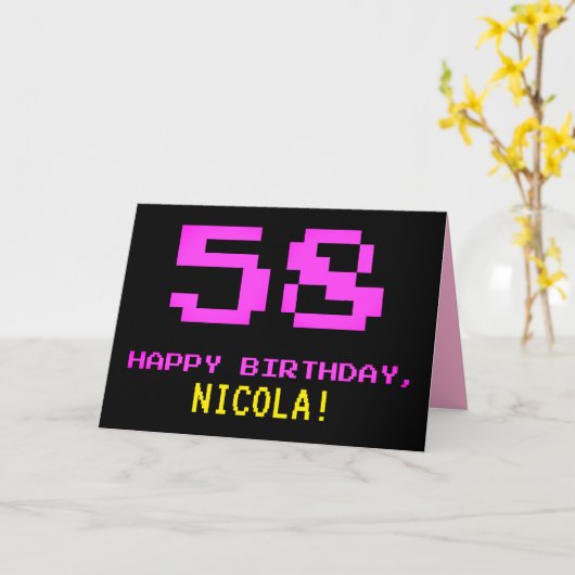 Fun, Nerdy, Geeky, Roze, 8-bits stijl 58th Birthda Kaart (Gele Bloem)
