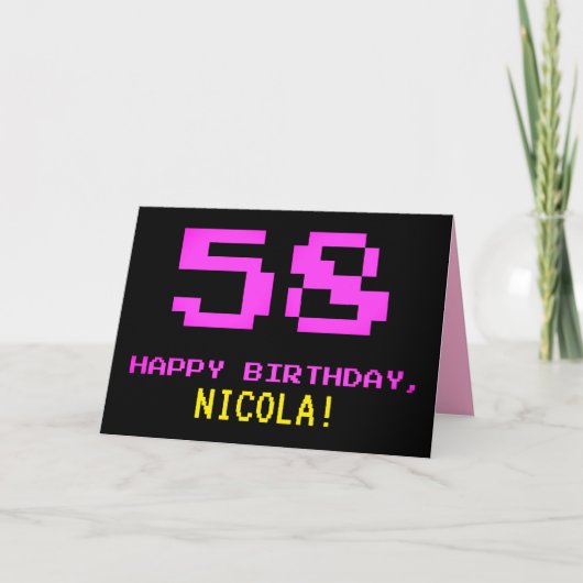 Fun, Nerdy, Geeky, Roze, 8-bits stijl 58th Birthda Kaart (Voorkant)