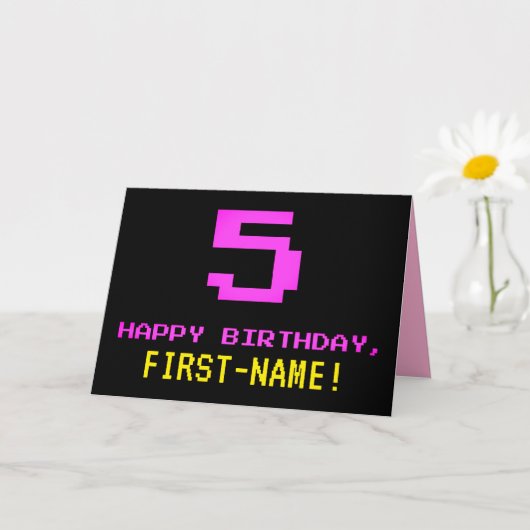 Fun, Nerdy, Geeky, Roze, 8-bits stijl 5th Birthday Kaart (Kleine Plant)
