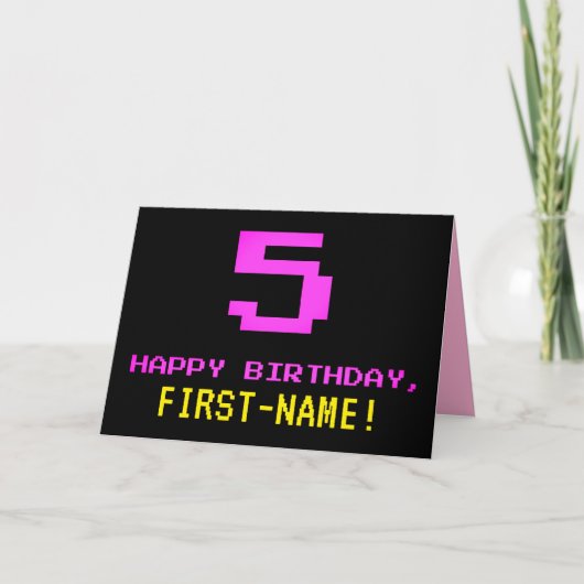 Fun, Nerdy, Geeky, Roze, 8-bits stijl 5th Birthday Kaart (Voorkant)