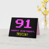 Fun, Nerdy, Geeky, Roze, 8-bits stijl 91st verjaar Kaart (Gele Bloem)