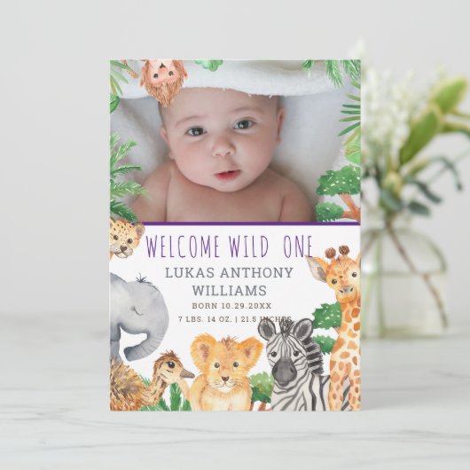 Fun Oerwoud Safari Animal Baby Birth koninklijke b Aankondiging (Staand voorkant)