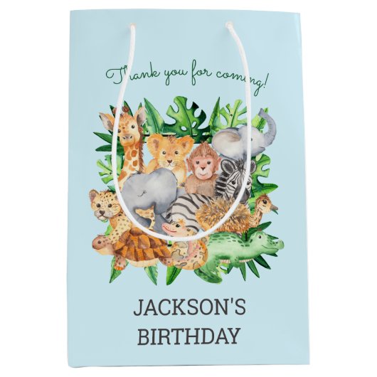 Fun Oerwoud Safari Animals 1e verjaardag Medium Cadeauzakje (Voorkant)