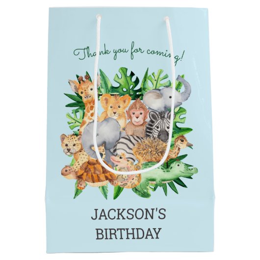 Fun Oerwoud Safari Animals 1e verjaardag Medium Cadeauzakje (Achterkant)