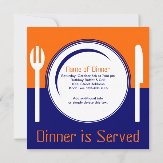 Fun Oranje & Blue Dinner Invitation Kaart (Voorkant)