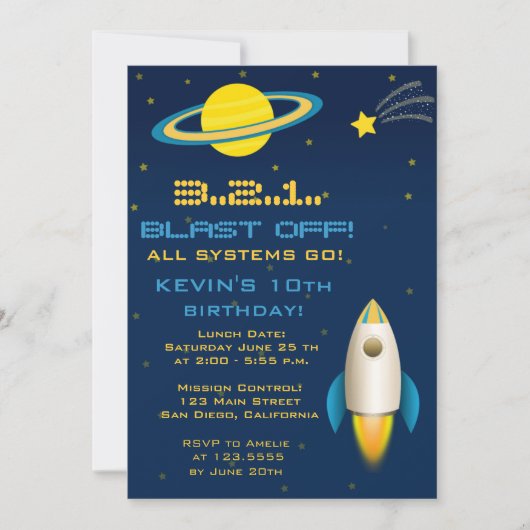 Fun Outer Space Rocket Birthday Party Invitation Kaart (Voorkant)