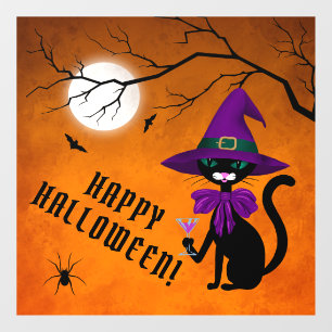 Fun Paars Black Cat Witch Pet Full Moon Halloween Raamsticker