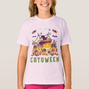 Fun Paars Pet Catoween, Cute Oranje Pumpkin, Cato T-shirt