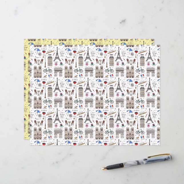 Fun Paris Doodles Scrapbook Paper (Voorkant / Achterkant in situ)
