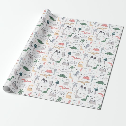 Fun Pastel Dinosaur Scene Pattern Cadeaupapier (Uitgerold)