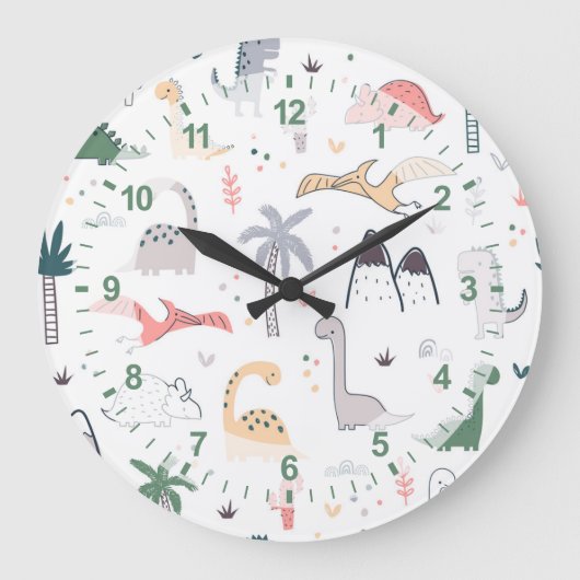 Fun Pastel Dinosaur Scene Pattern Grote Klok (Voorkant)