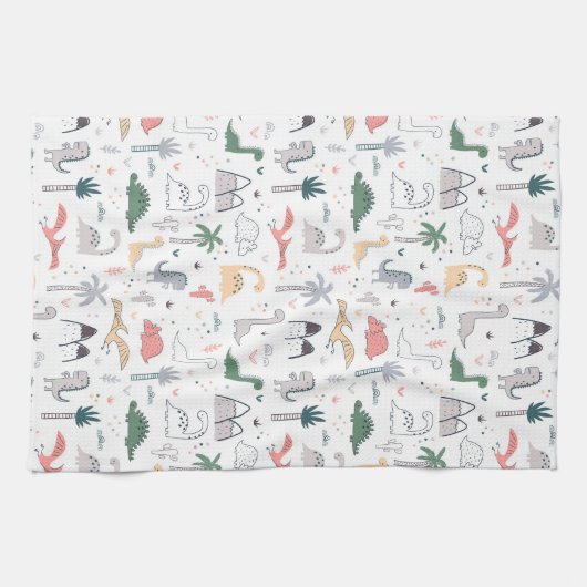 Fun Pastel Dinosaur Scene Pattern Theedoek (Horizontaal)