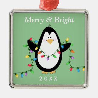 Fun Penguin Merry en Bright Square Metal Metalen Ornament