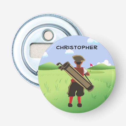 Fun Personalized Golfer op golfbaan Button Flesopener (Voorkant)