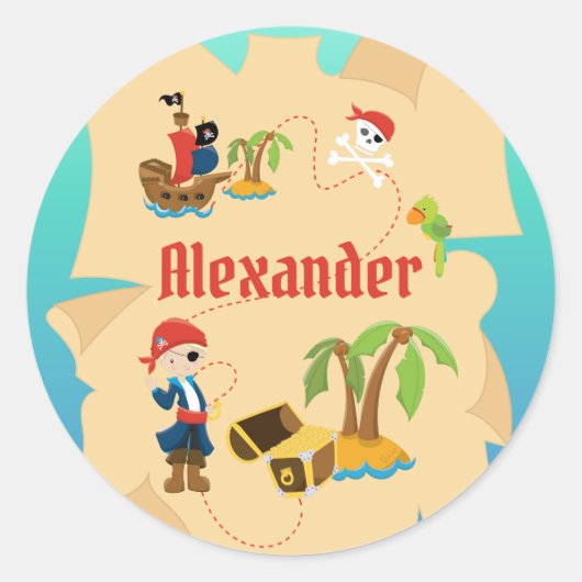 Fun Personalized Pirate Boy Treasure Map Ronde Sticker (Voorkant)